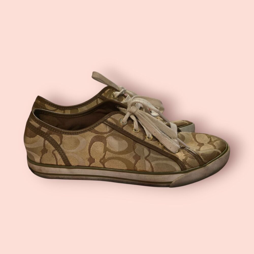 COACH Dee Signature Sneakers Women’s 9 Designer Logo Canvas Low Top Shoes Brown